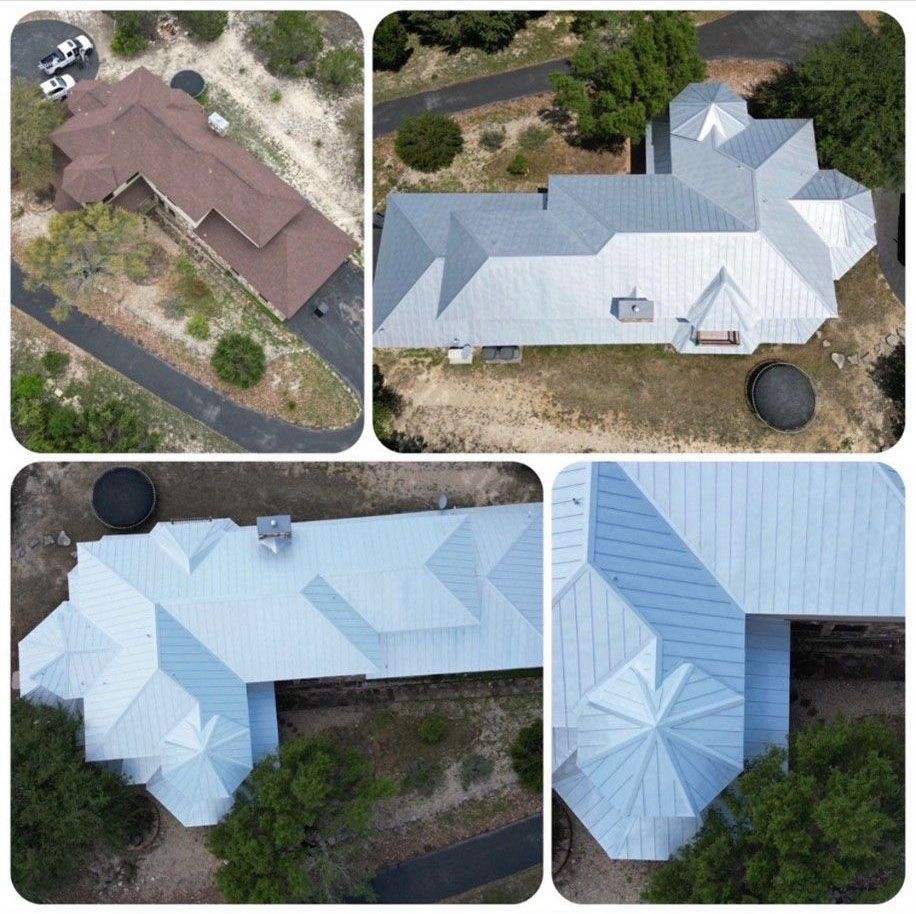 Multiple aerial view of a house with a metal roof