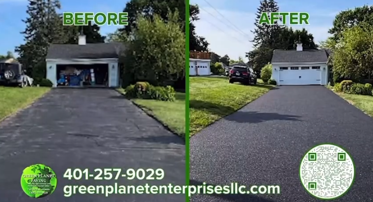 Comparison of a driveway before and after paving. Green Planet Enterprises sign.