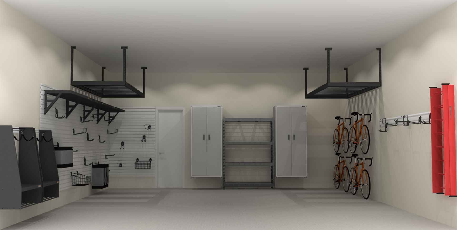 A rendering of a garage with bikes hanging from the ceiling.