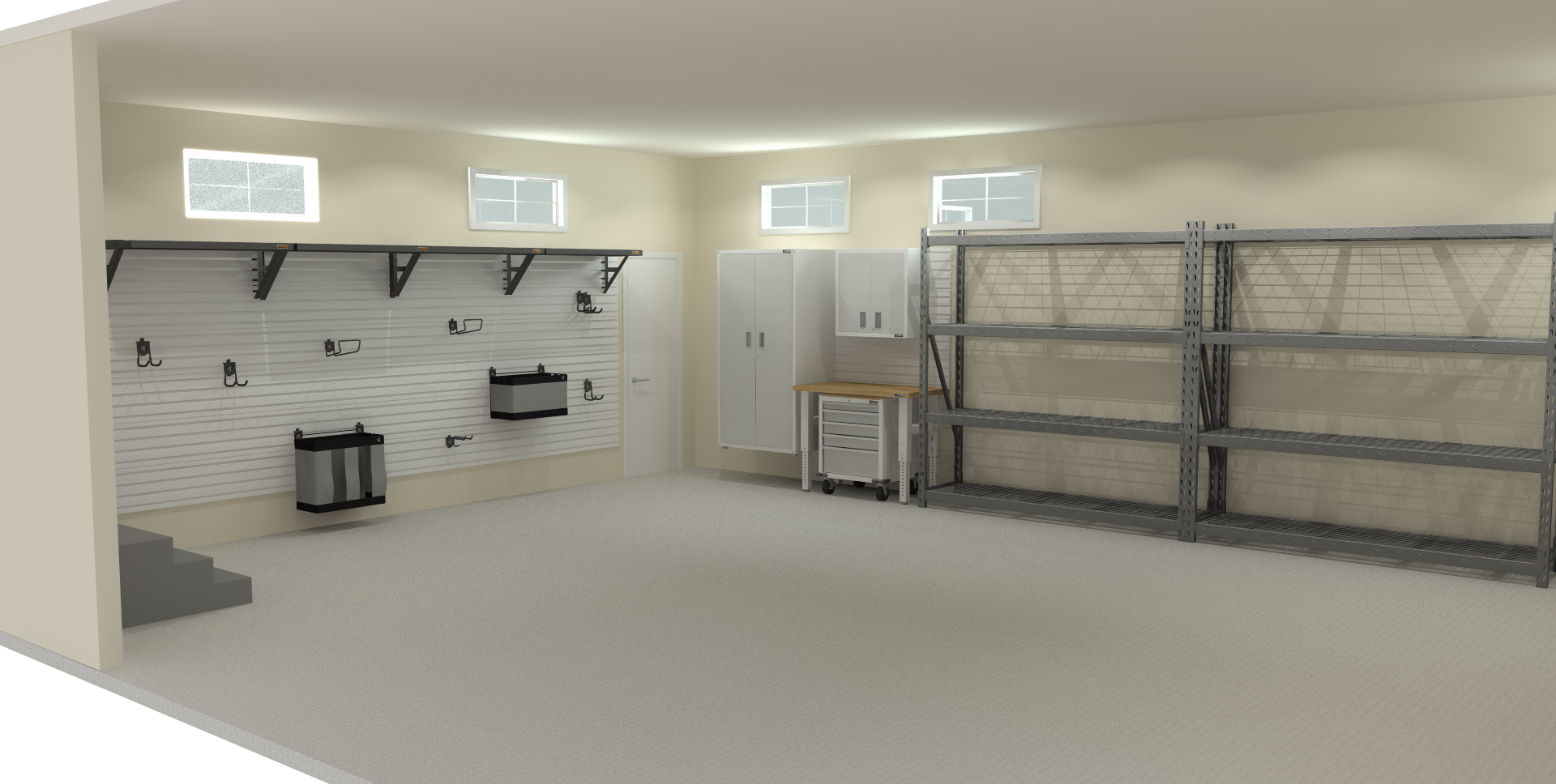Rendering of a garage with shelves and cabinets.