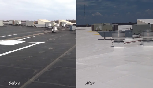 Before and after comparison of a commercial roof. The left shows a dark, weathered roof; the right, a bright white, newly coated roof.