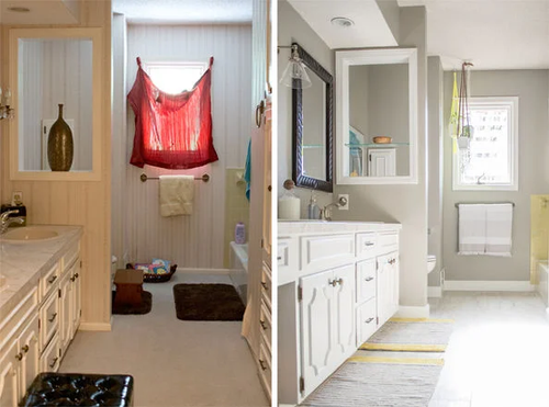 Bathroom transformation: before and after. Beige to gray walls, updated vanity, mirror, and fixtures.