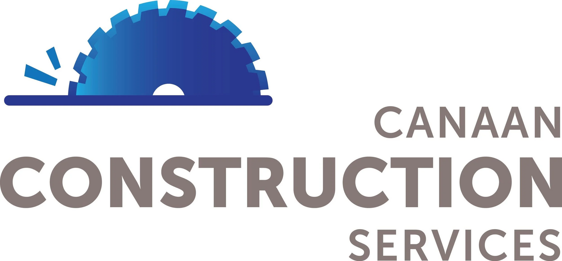 Logo for Canaan Construction Services. Features a blue saw blade with sparks, and the company name in grey text.