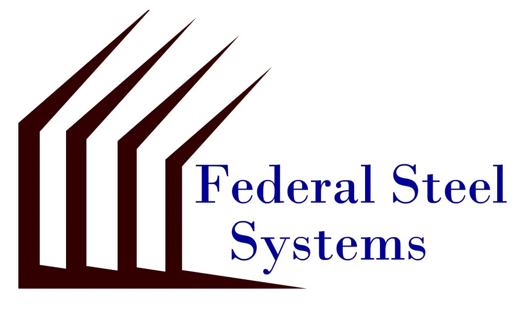 Logo for Federal Steel Systems; features dark brown abstract design with pointed lines above blue text.