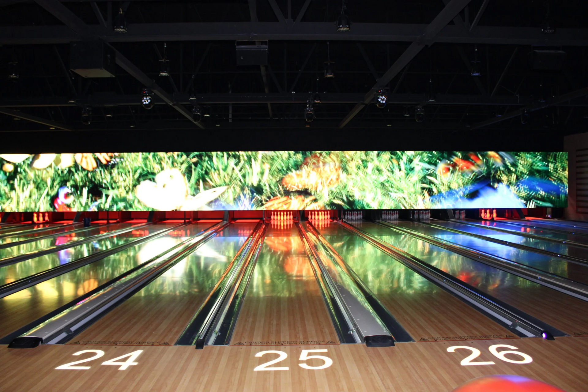 Bowling lanes with a digital display showing a nature scene; lanes 24, 25, and 26 in view.