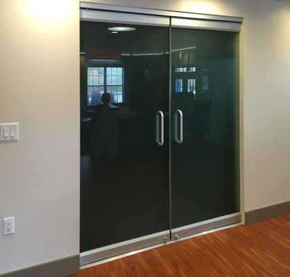 Glass double doors with dark tint and silver frames, leading into a room with a window.