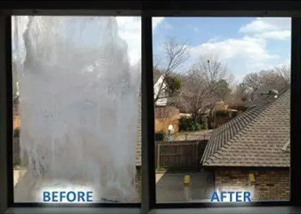 Window: Before (foggy) and after (clear). Outside view of buildings, trees, and sky.