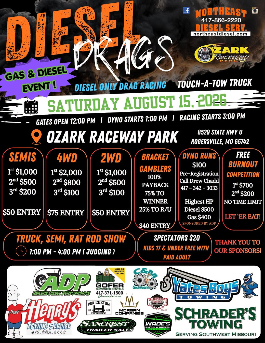 Diesel drag race poster with semis, 4WD, 2WD, bracket classes, and Saturday, Aug. 15, 2026 event details