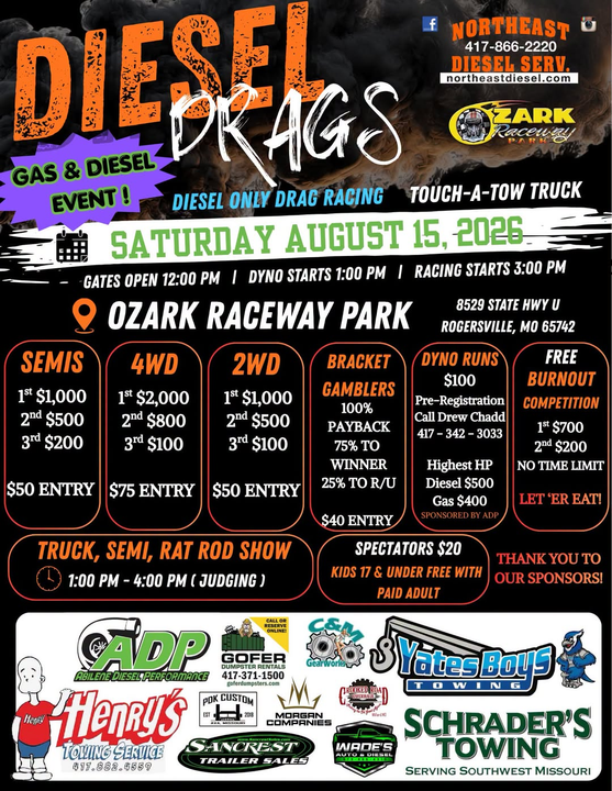 Diesel drag race poster with semis, 4WD, 2WD, bracket classes, and Saturday, Aug. 15, 2026 event details