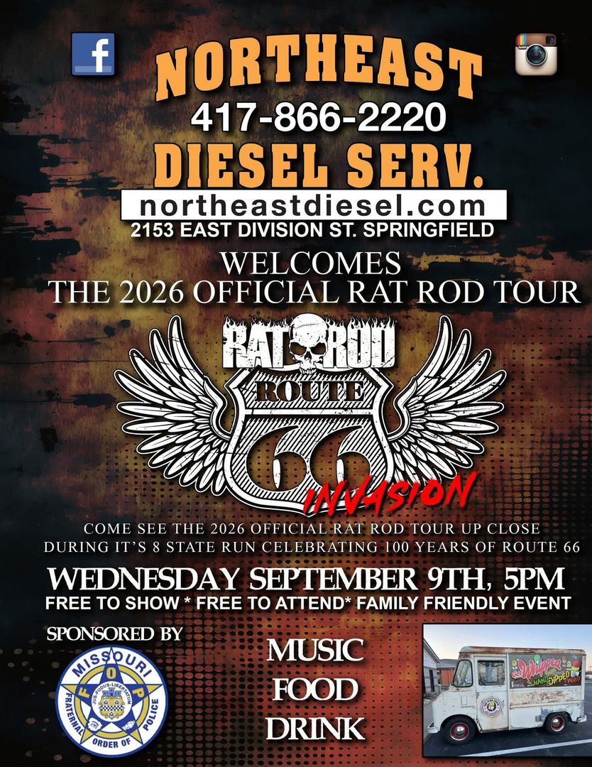 Rat Rod tour flyer for Northeast Service in Springfield, with date, time, and sponsor logos.