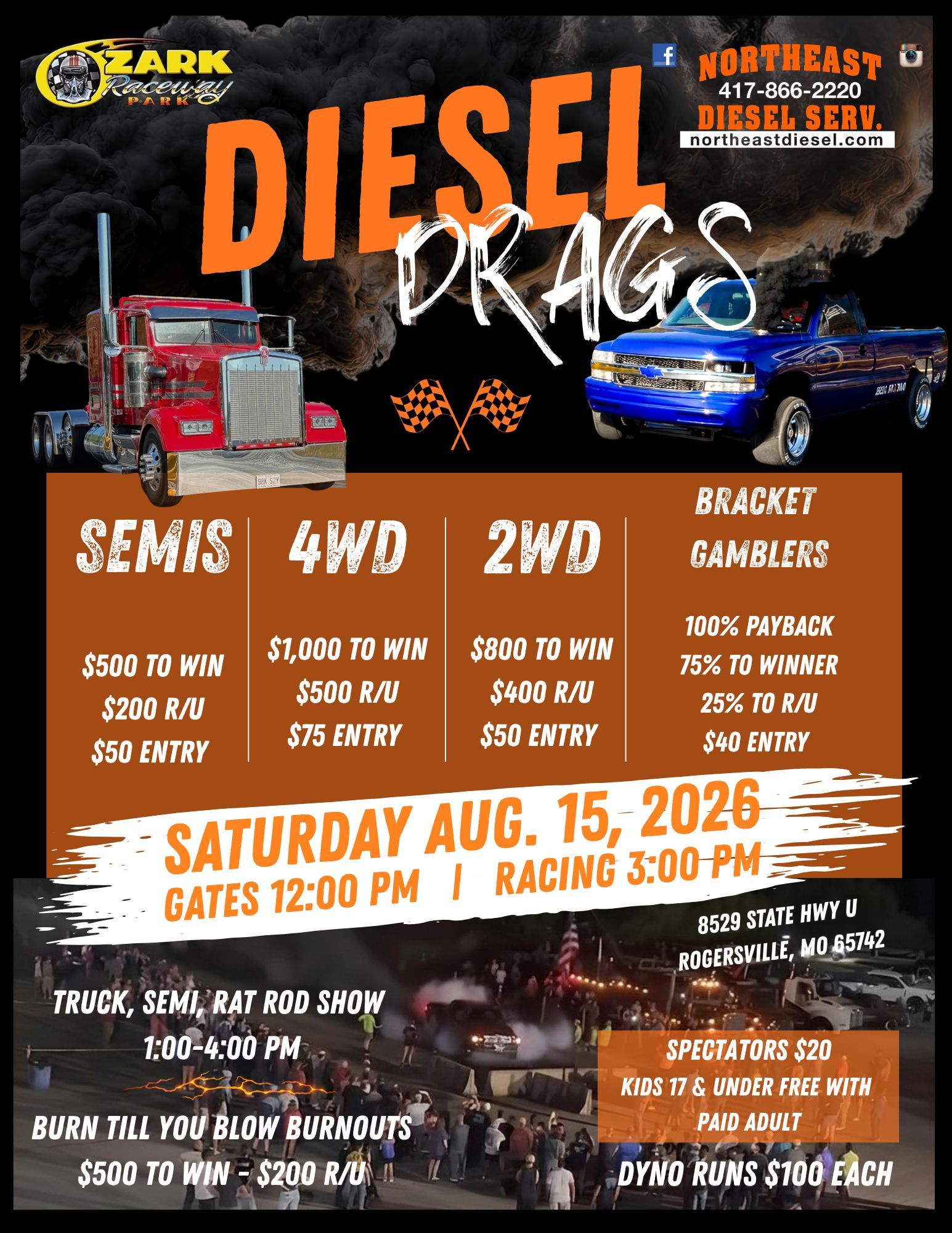 Diesel drag race poster with semis, 4WD, 2WD, bracket classes, and Saturday, Aug. 15, 2026 event details