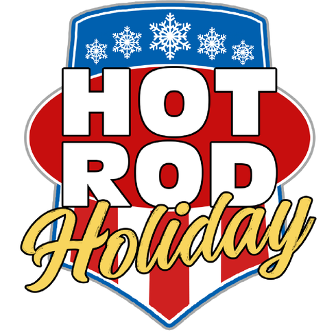Hot Rod Holiday logo with red, white, blue shield and snowflakes.