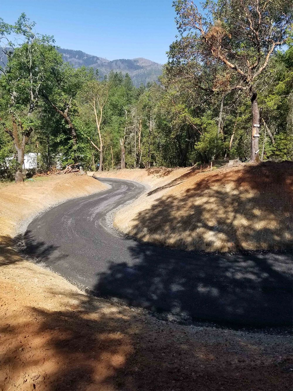 Winding gravel road through a wooded area, mountains visible in the distance.