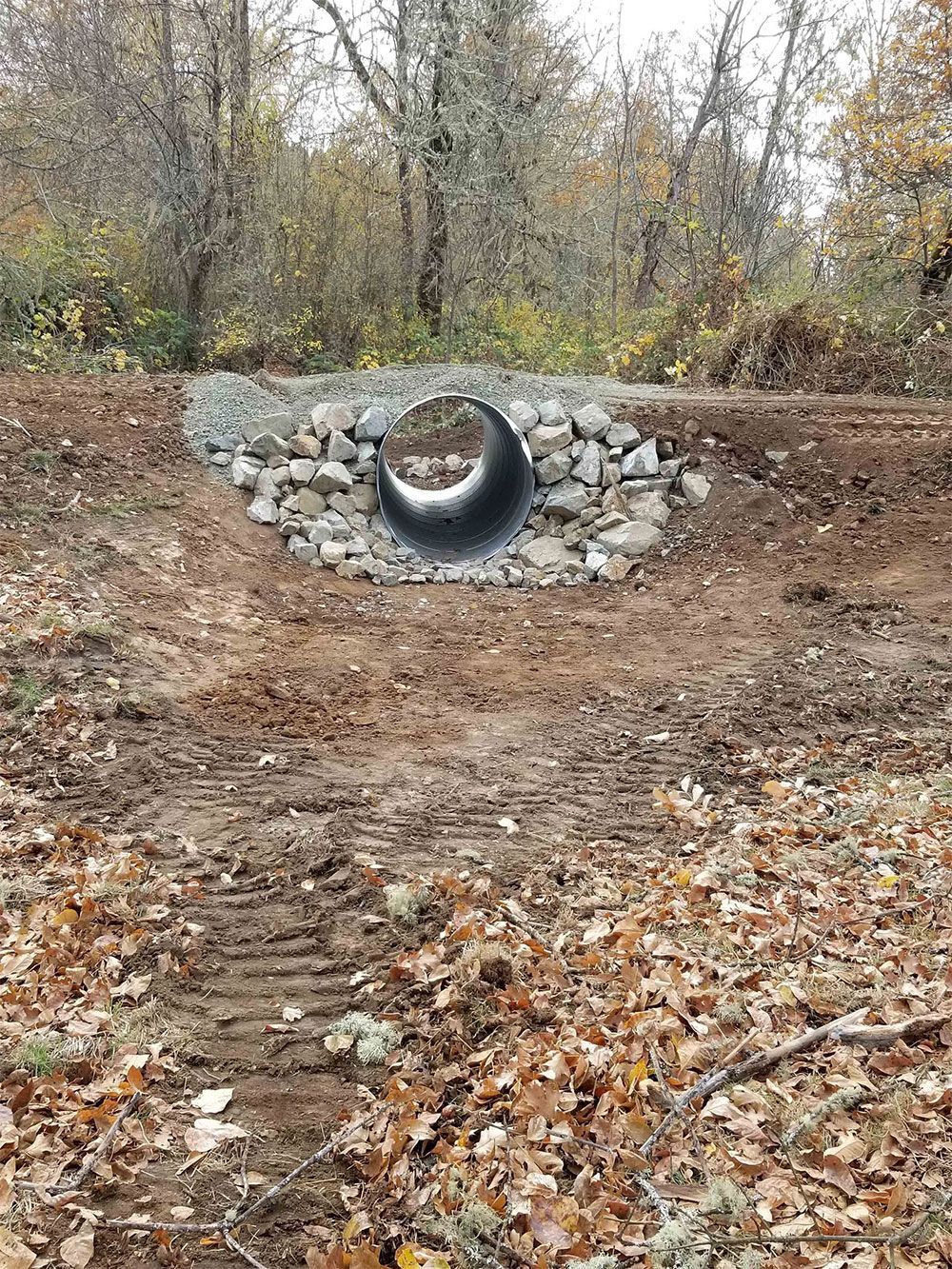 Culvert pipe in a dirt embankment, surrounded by rocks and fallen leaves, trees in the background.