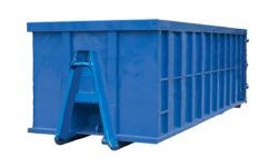 A blue dumpster with wheels on a white background.