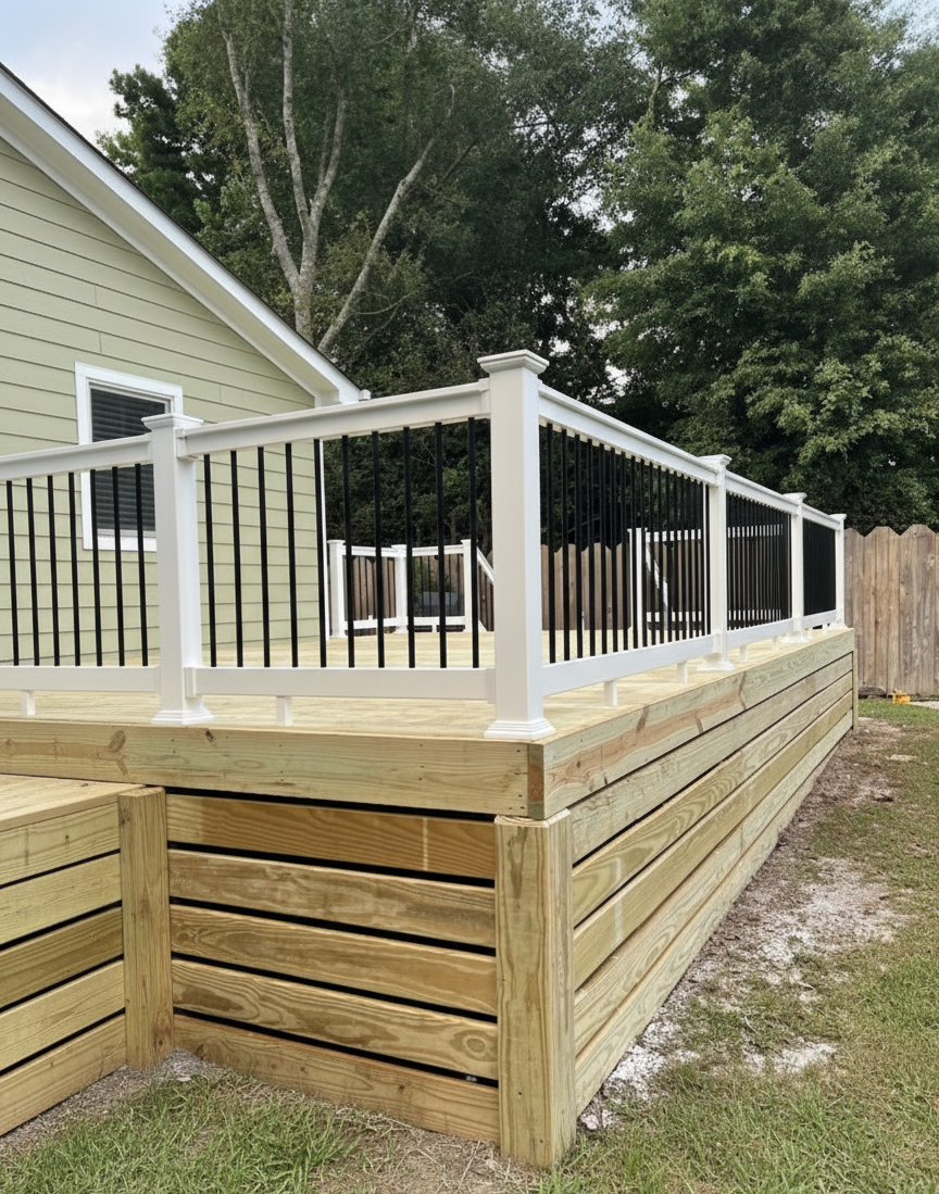 Wooden deck with white railing and black spindles, attached to a light green house, surrounded by trees.