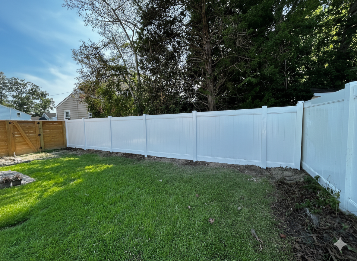 White vinyl fence in backyard with green grass and trees.
