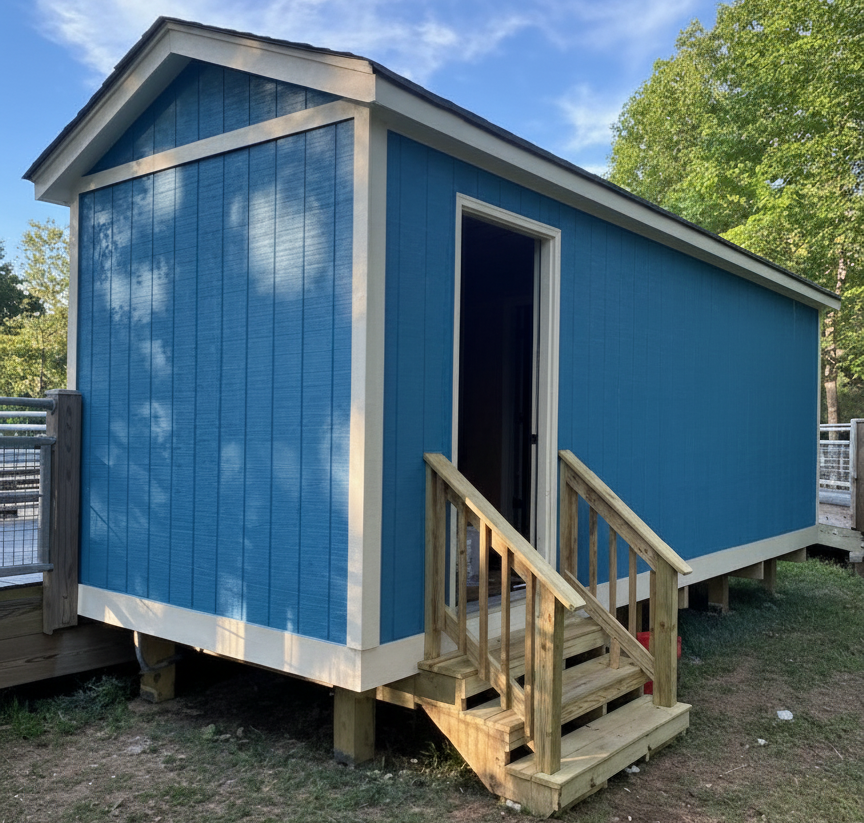 Blue shed with a door and wooden steps against a blue sky.