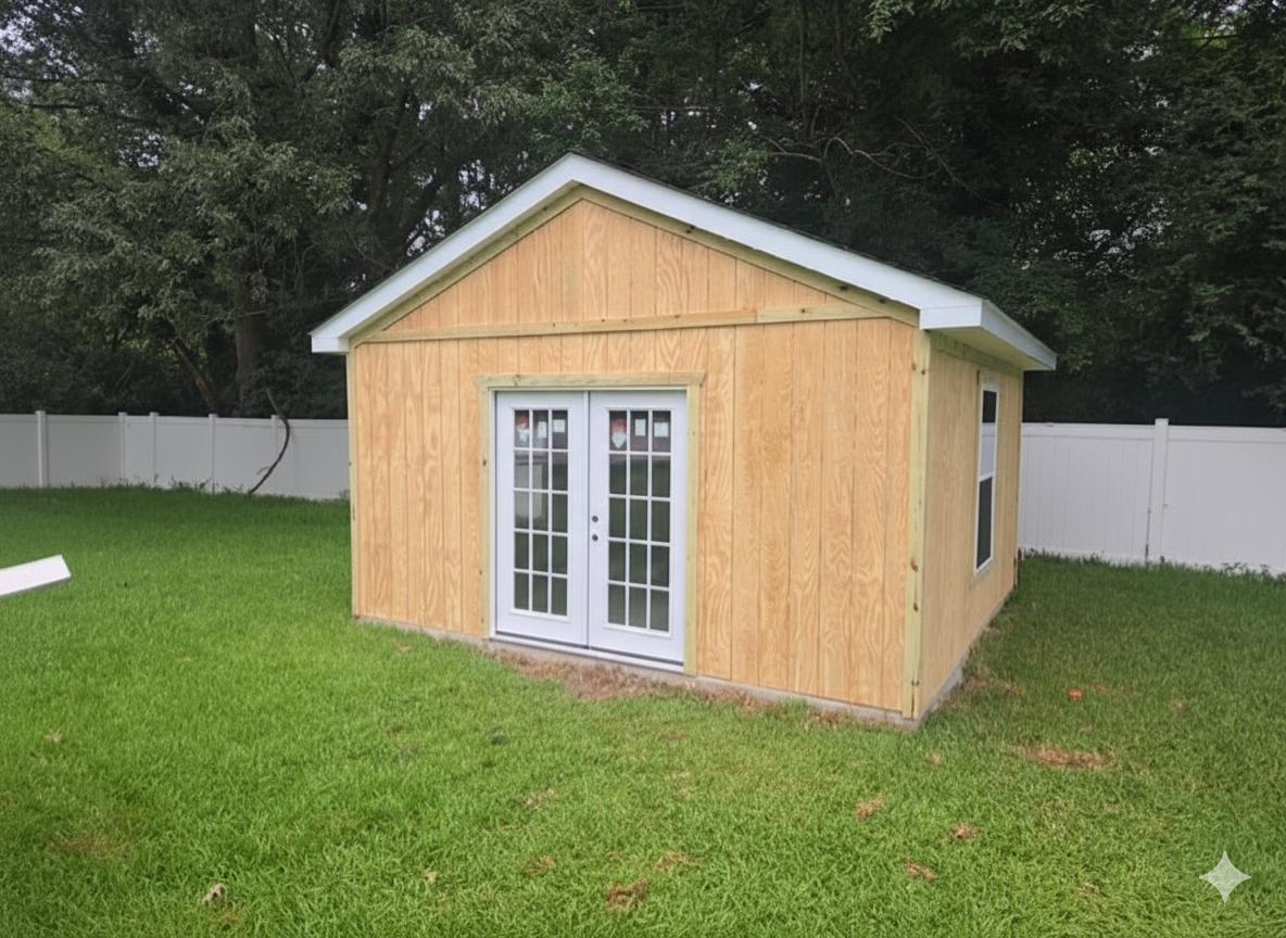 Wooden shed with double doors and a window in a grassy yard. White fence and trees in the background.