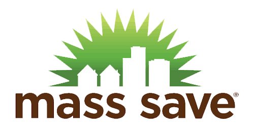 Mass Save logo with green sunburst and white house skyline over brown text