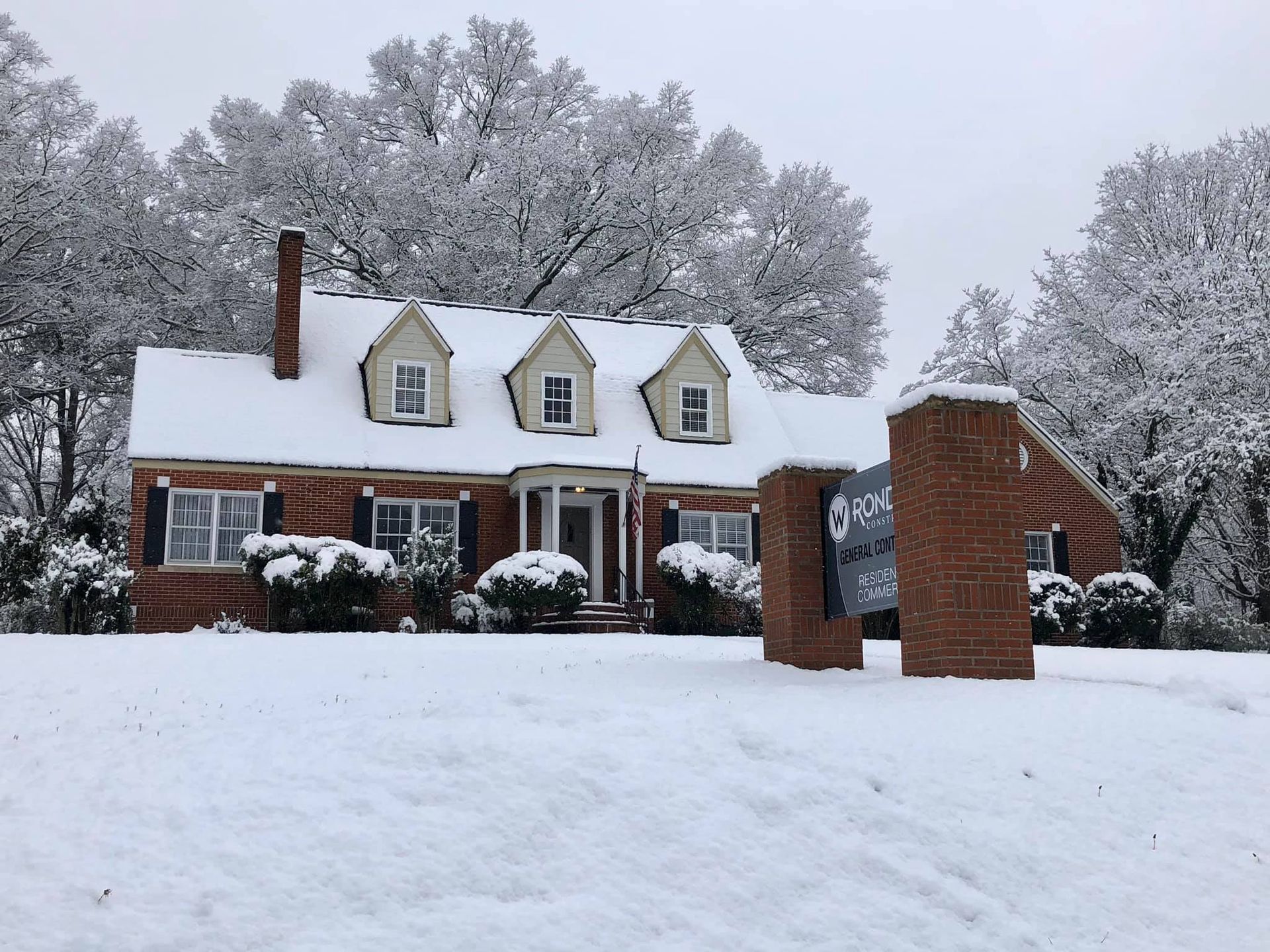 A house is covered in snow and trees are covered in snow