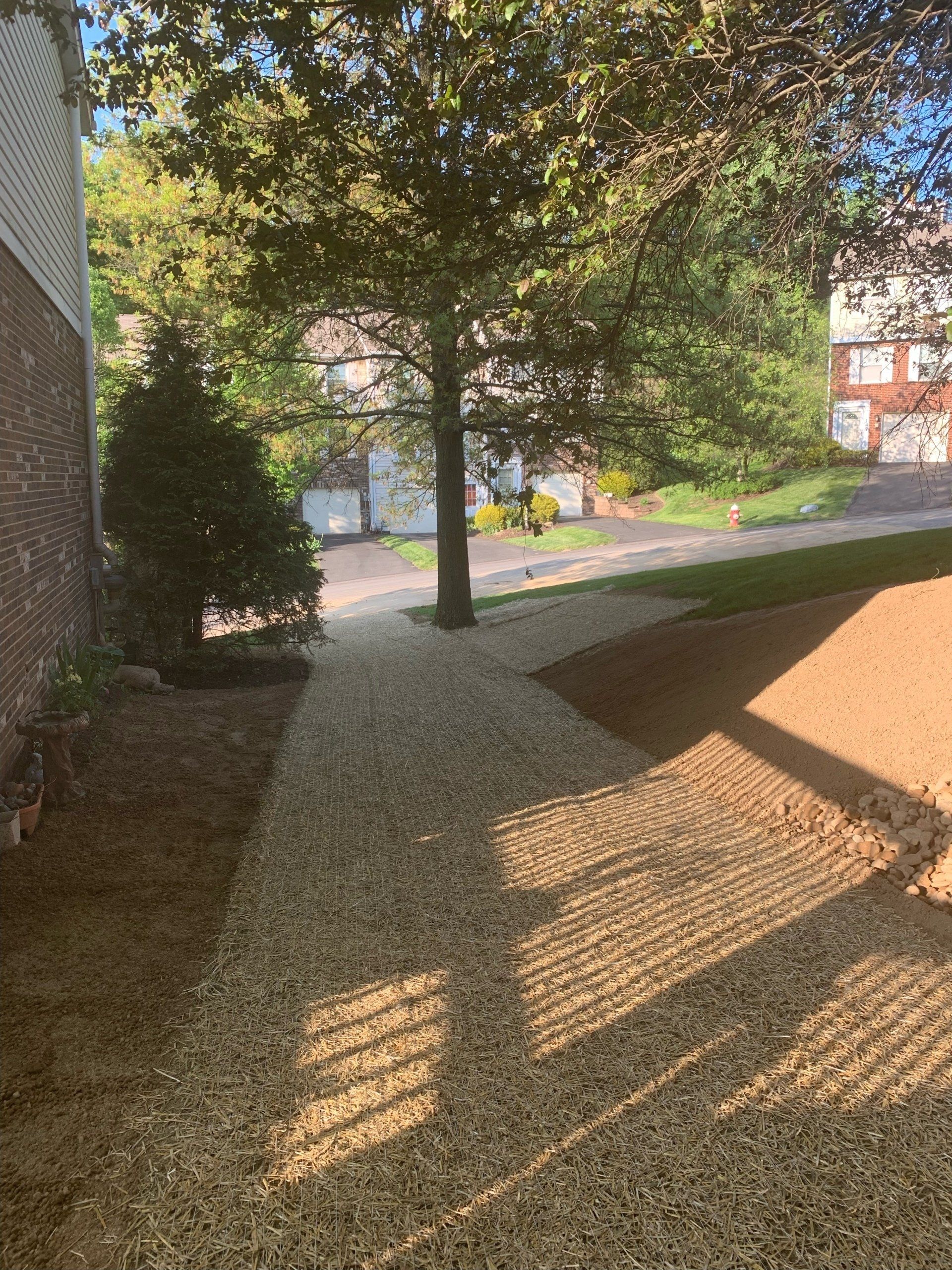 Shaded apartment courtyard with gravel path, trees, and sunlight casting fence shadows