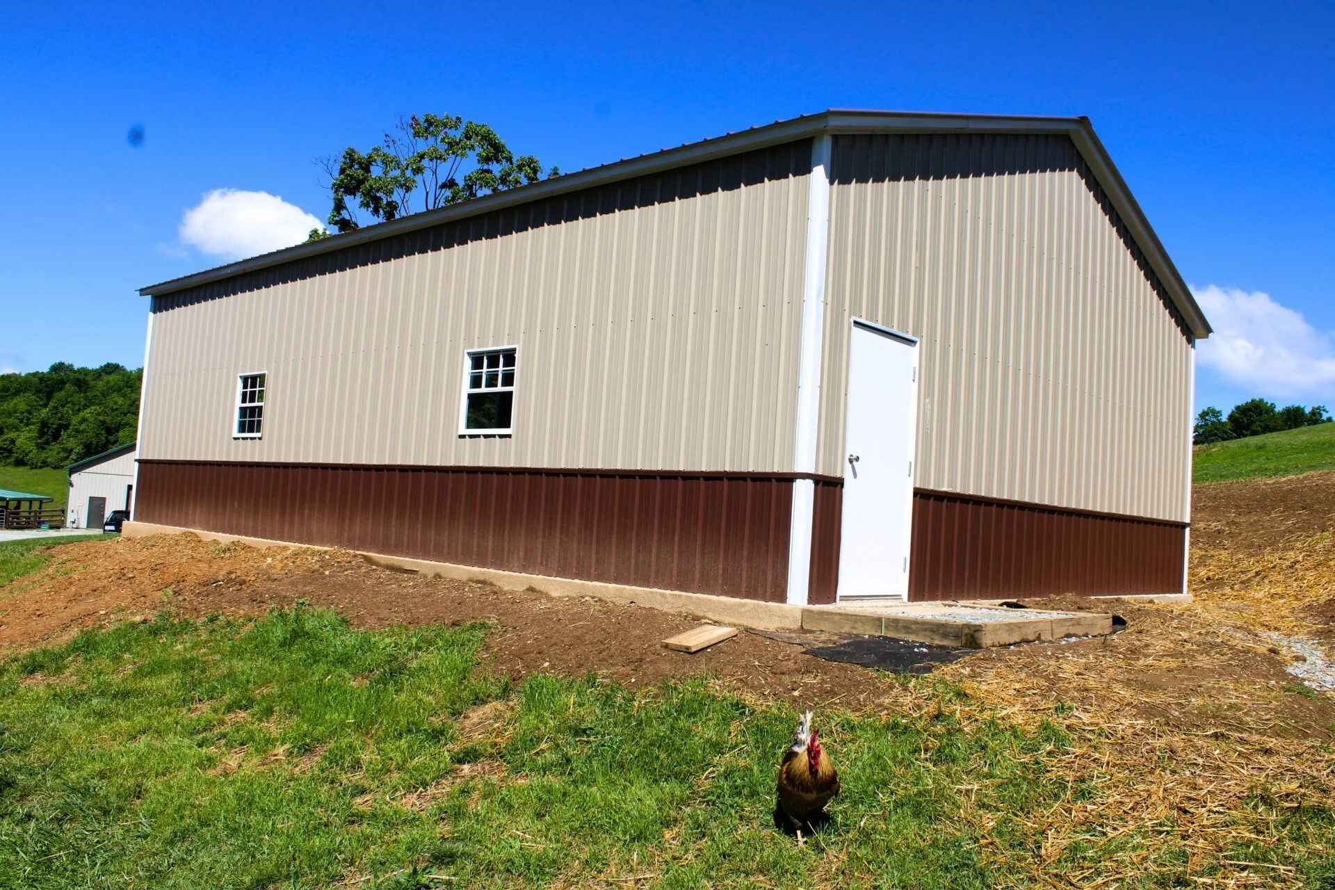 Tan metal barn with brown base on a grassy hillside under a blue sky