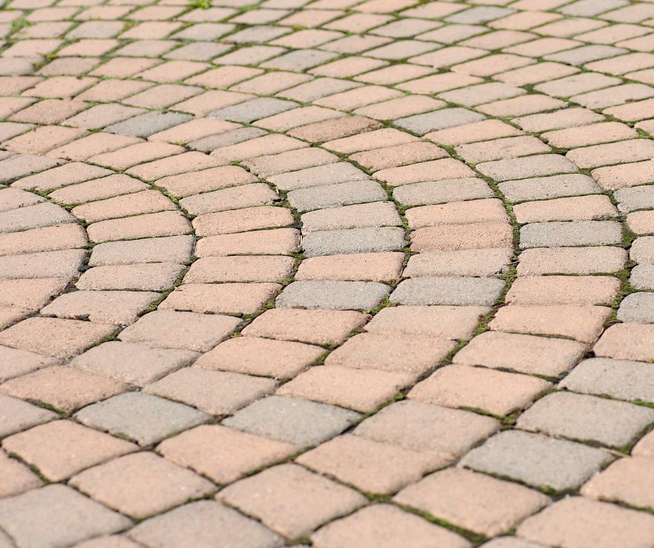 Curved pattern of beige and gray cobblestone paving stones outdoors