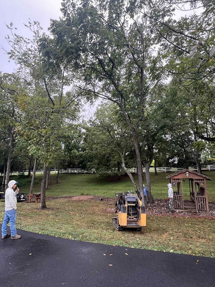 Man standing near a small construction machine, trees, a playhouse, and a paved path in a grassy area.