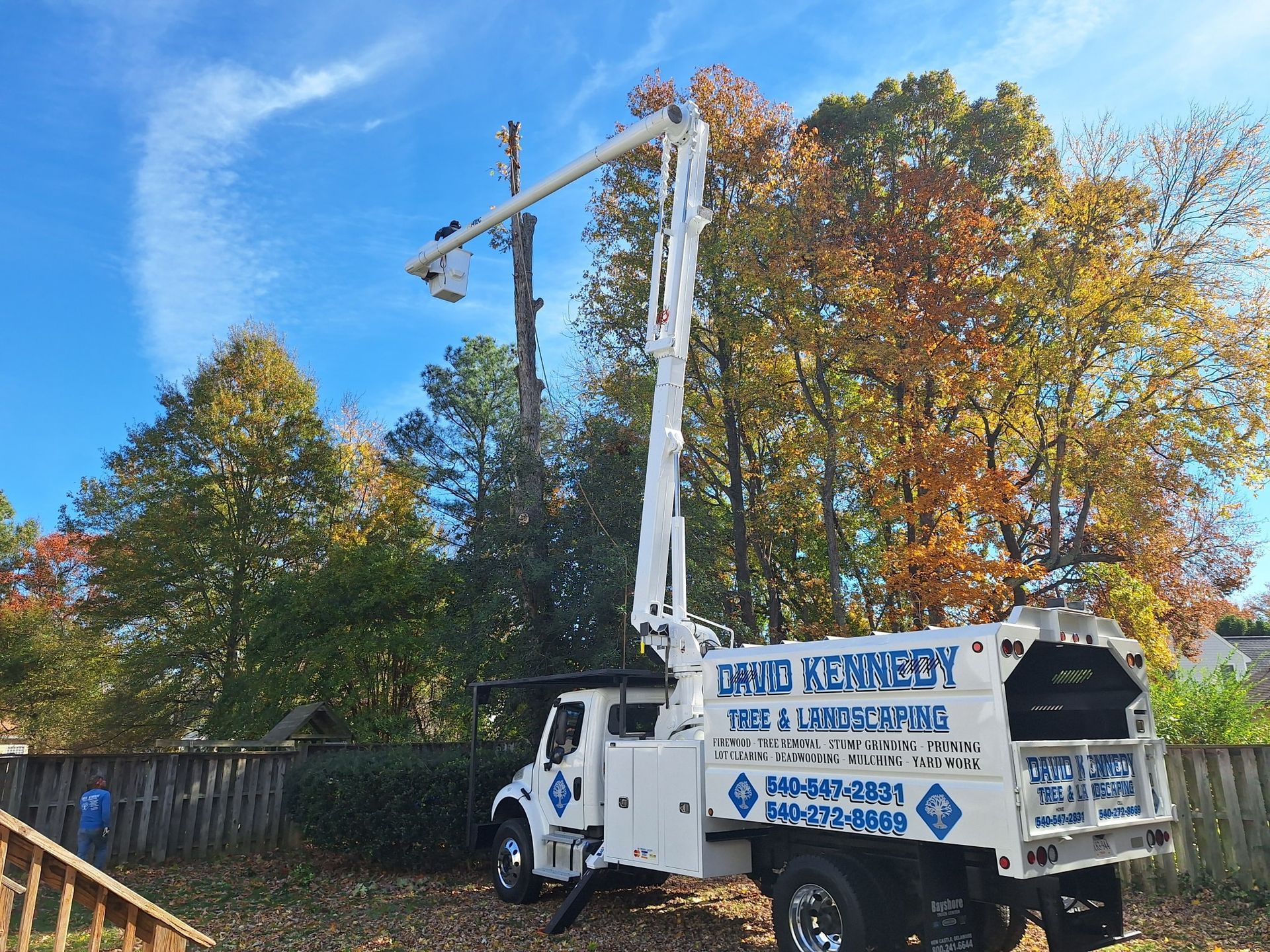 A tree service truck with an extended arm, removing a tree, under a blue sky with fall foliage.