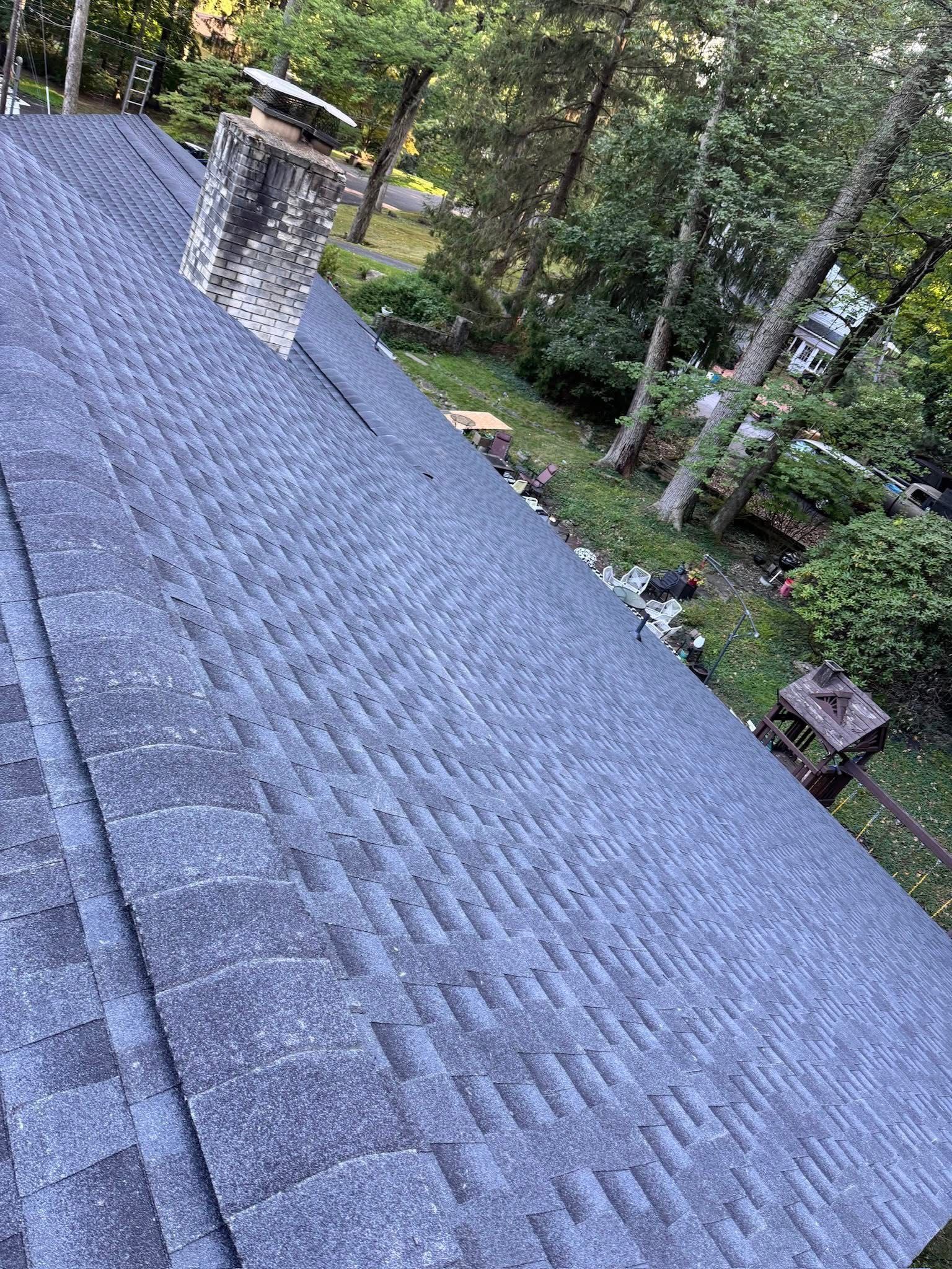 Sloped gray shingled roof with a stone chimney, overlooking a wooded yard