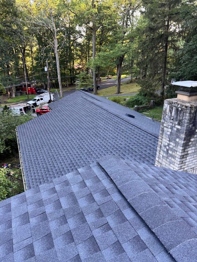 Wood-shingled roof with a chimney overlooking a wooded yard and patio area