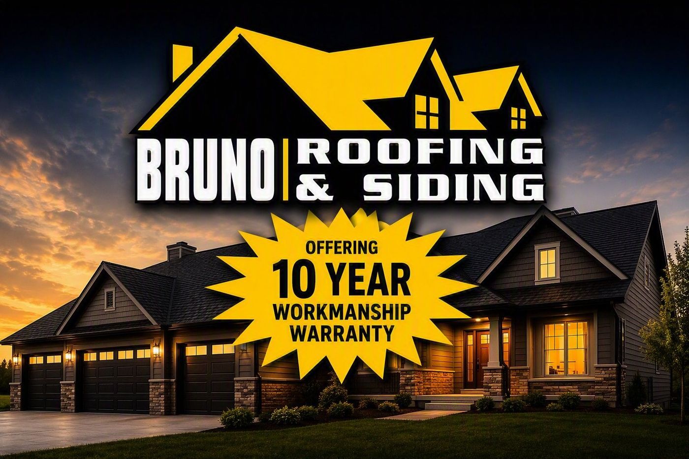 Bruno Roofing & Siding ad over a house at dusk, with a 10-year workmanship warranty badge