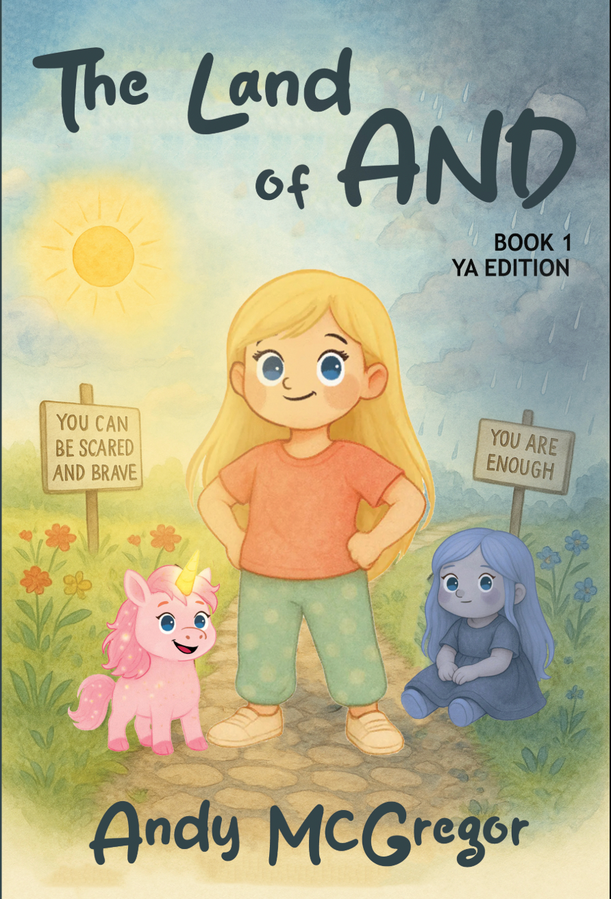 Book cover: girl stands on path with a pink unicorn.