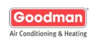 The logo for goodman air conditioning and heating is red and white.