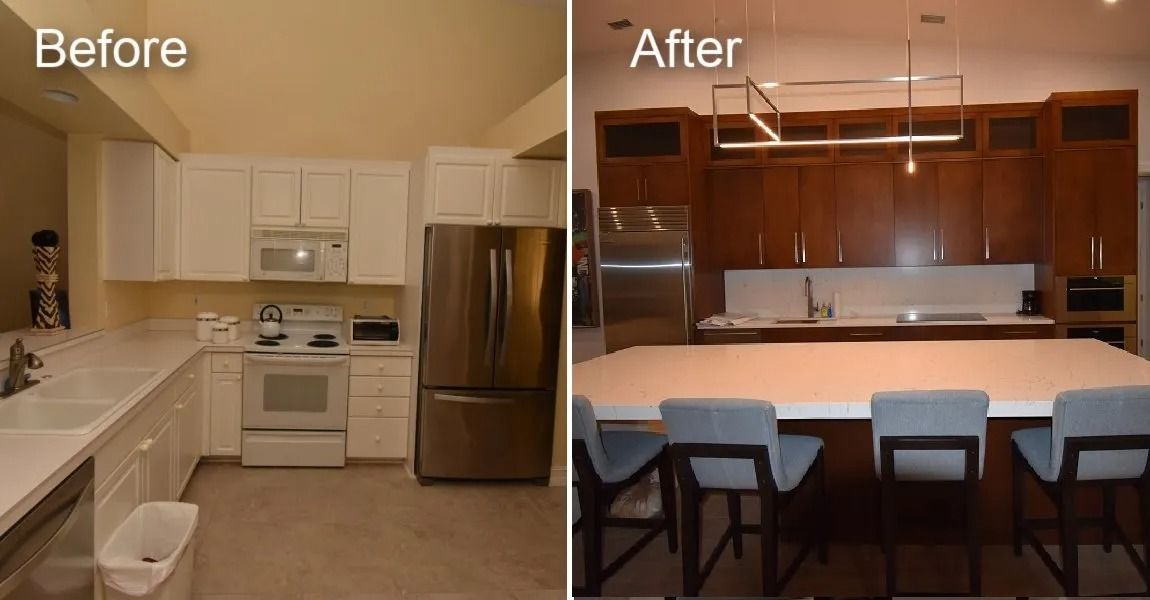 Kitchen remodel: Before, white cabinets; after, dark cabinets, large island with seating.