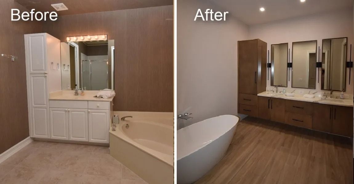 Bathroom before and after renovation: white cabinets replaced with wood, updated mirrors, new tub and flooring.