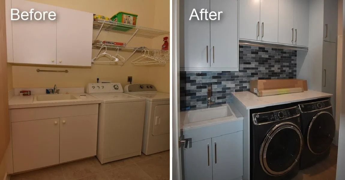 Before-and-after laundry room renovation.  Old room is white; the new features dark appliances, blue tile, and new cabinets.
