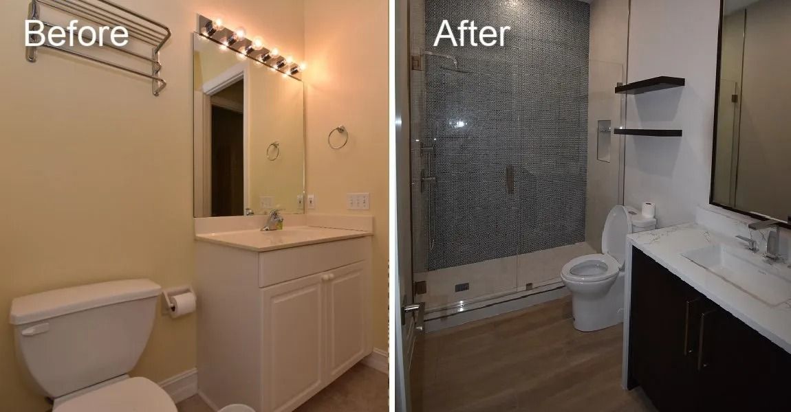 Before and after bathroom renovation. Left: white vanity, toilet. Right: dark vanity, shower, wood floors.