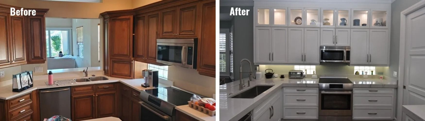 Before and after of a kitchen renovation.