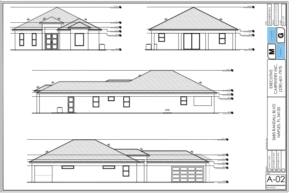 Architectural drawings of a single-story house with a gabled roof. Exterior elevation views are shown.