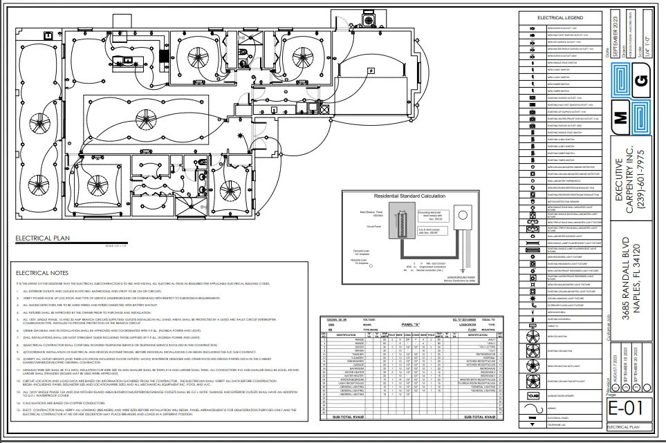 Electrical plan with floor layout, lighting, and wiring diagrams. Includes legend and specifications.