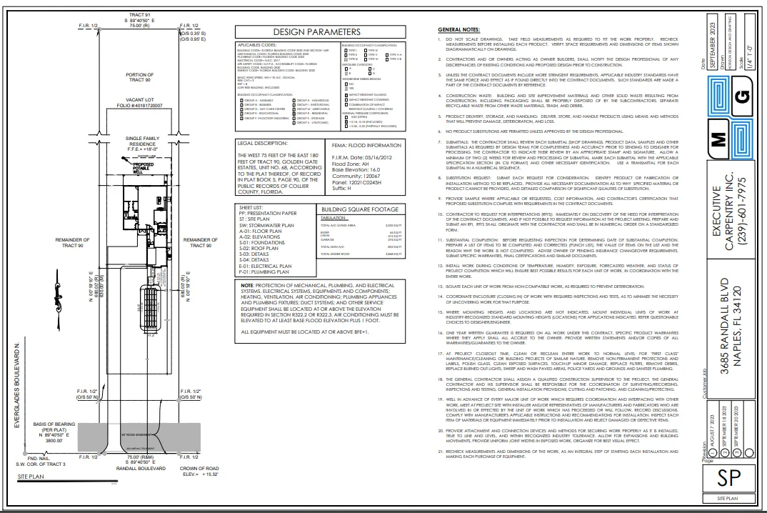 Architectural drawing: Site plan with building layout, details, and general notes. Black and white.