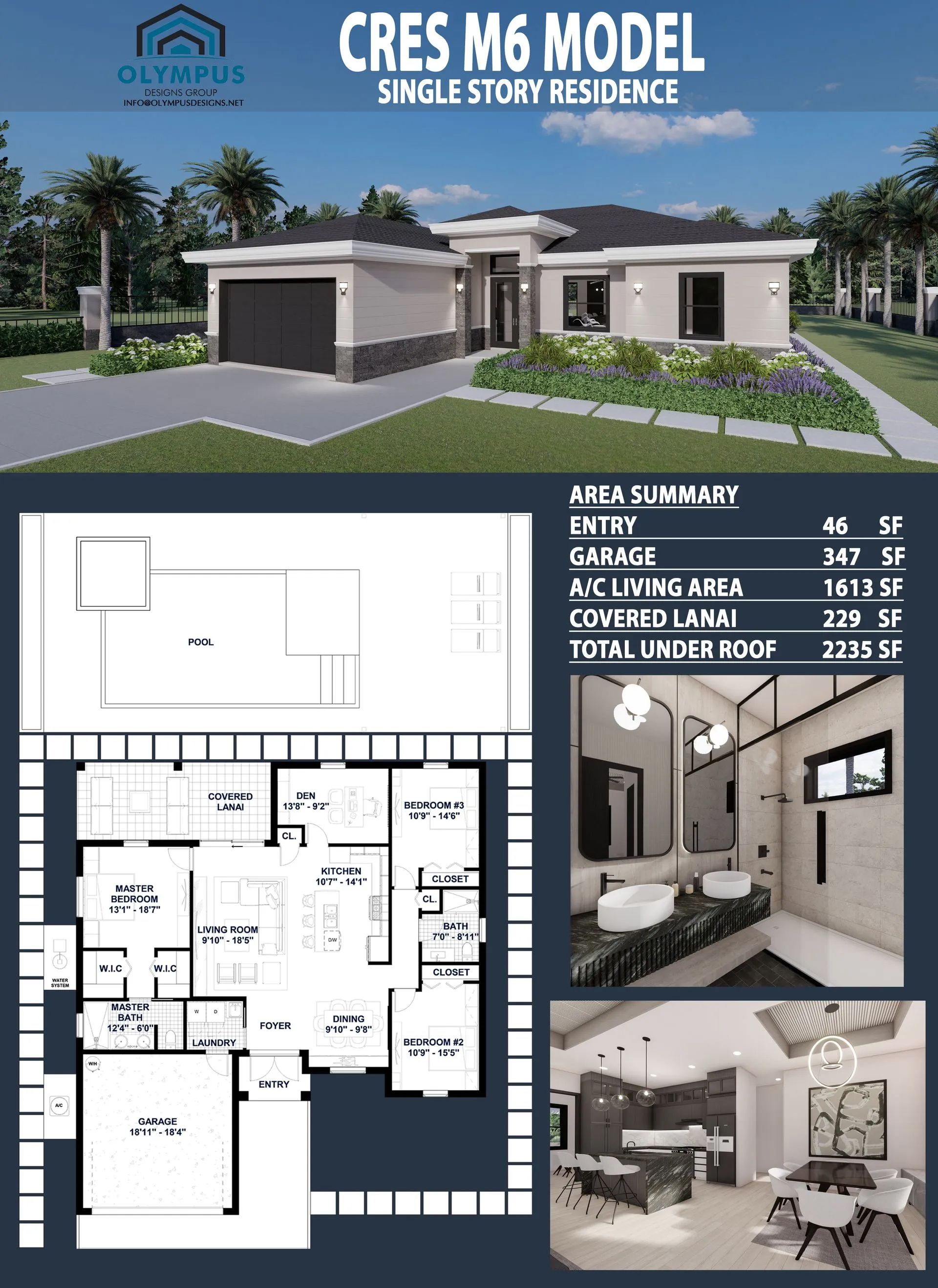 Brochure for a single-story home with floor plan and renderings. Exterior is modern style with garage.