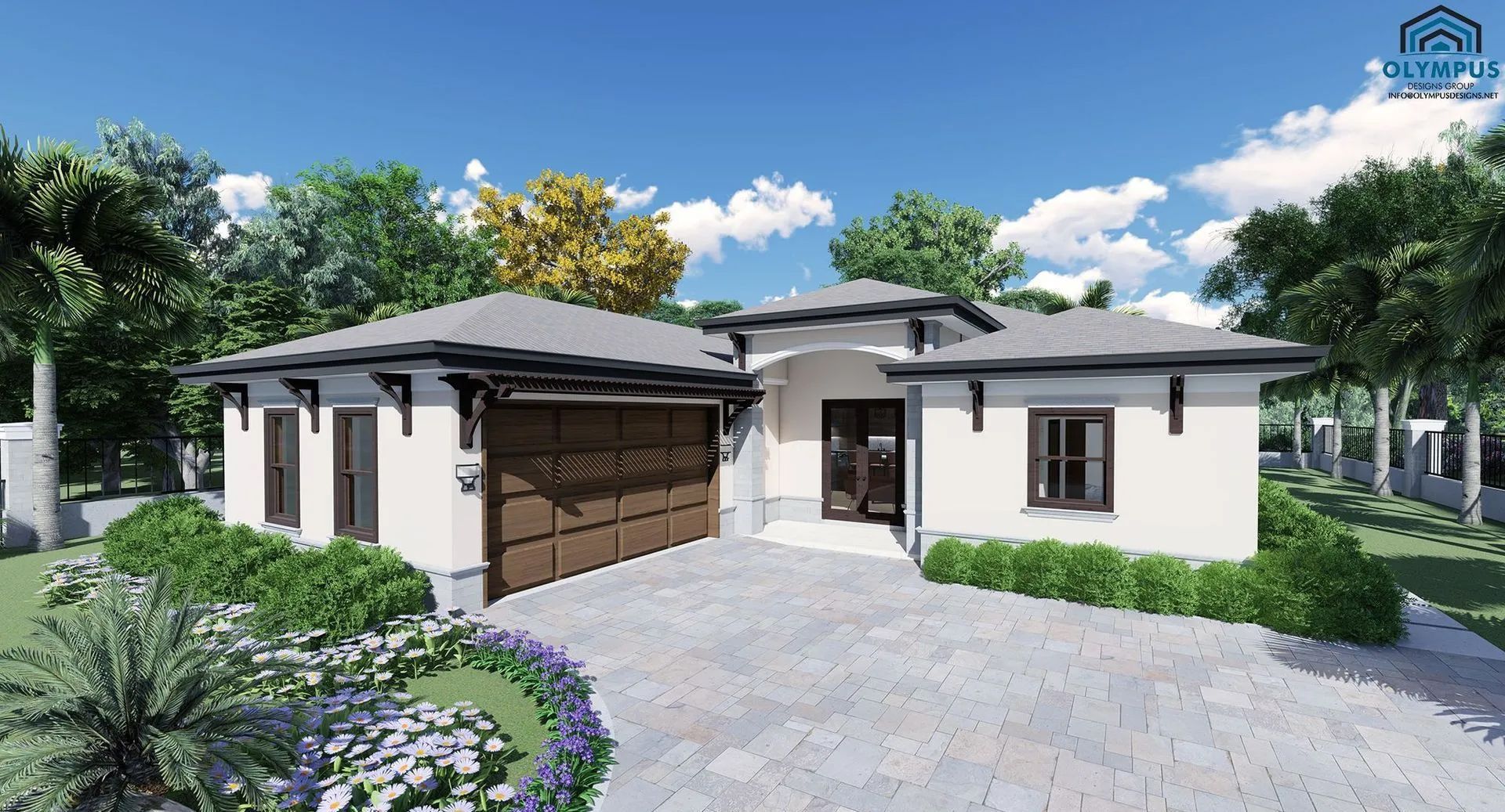 Modern white house with brown garage door, cobblestone driveway, and lush landscaping under a blue sky.