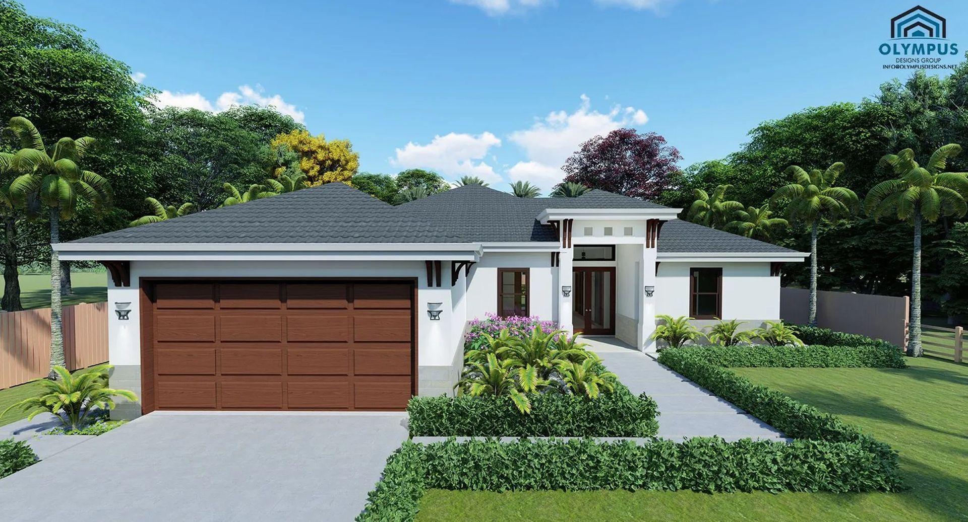 Rendering of a modern house with a brown garage door, white exterior, and manicured landscaping.
