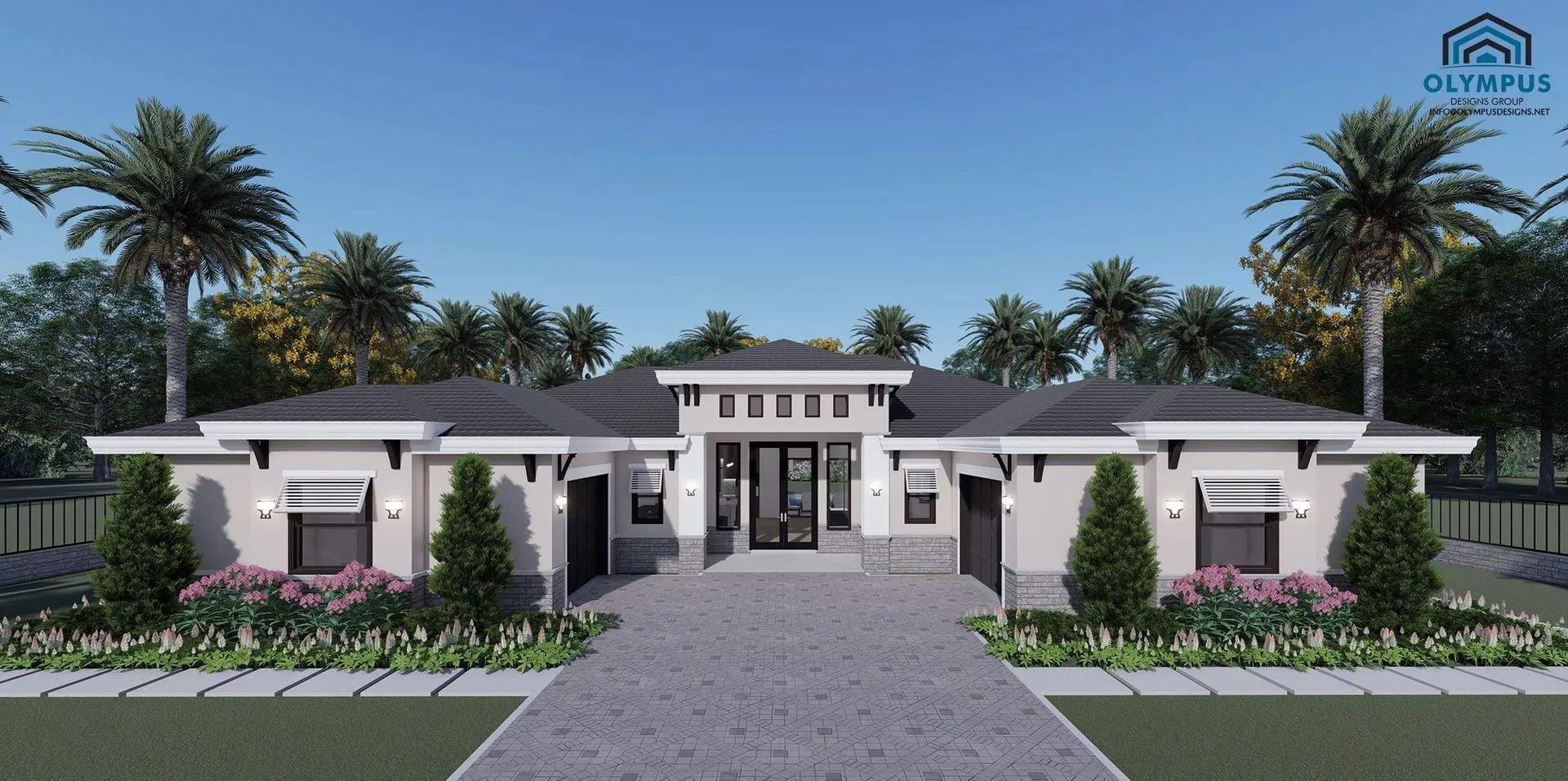 Modern, symmetrical house with grey roof, light-colored walls, and a stone driveway, flanked by greenery and palm trees.