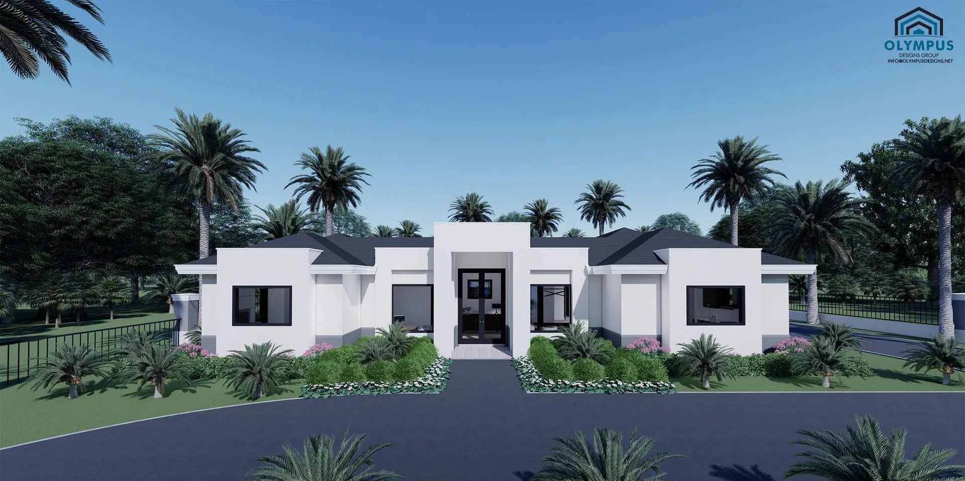 A modern white house with a flat roof, black windows, and palm trees in front.