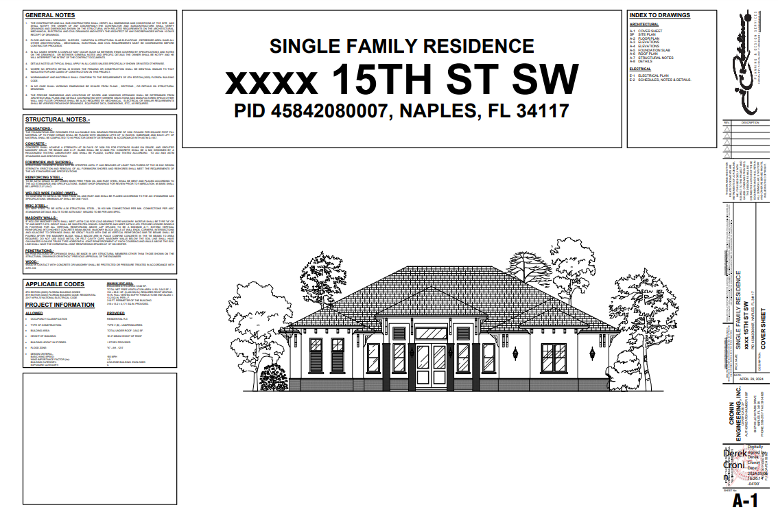 Architectural drawing of a single-family residence at XXXX 15th ST SW, Naples, FL. Shows house facade with trees.