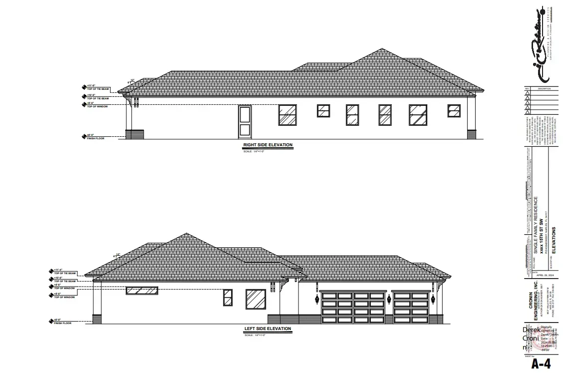 Architectural drawings of a single-story house with a tiled roof, showing side and front elevations.